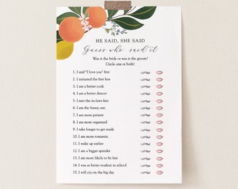 He Said She Said Guess Who Said It Bridal Shower Game, Orange Main Squeeze, Printable card template, Instant Download #AP11