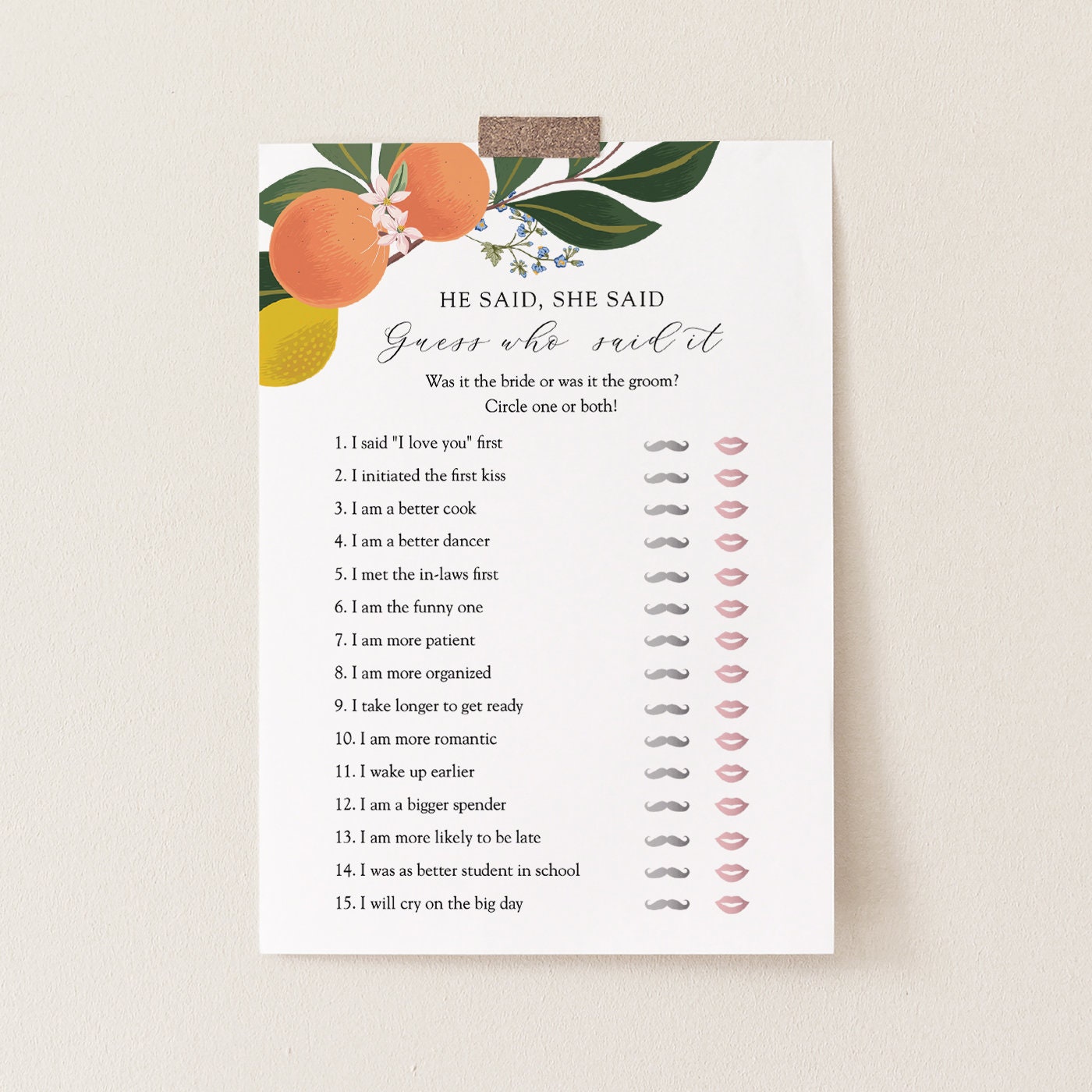 He Said She Said Guess Who Said It Bridal Shower Game, Orange Main Squeeze, Printable card template, Instant Download #AP11