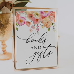 Cartello per libri e regali, fiori rosa agrumi, download di baby shower carino arancione, modello stampabile per addio al nubilato principale Squeeze