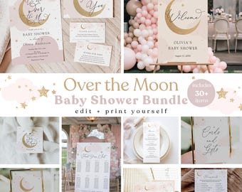 Over the Moon Baby Shower Printable Bundle | Pink and Gold Stars | Editable Invitations, Signs & Games