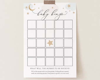 Over the Moon Baby Bingo Game Printable card, Blue and Pink Clouds Gold Moon and Stars, Template, Instant Download #AP3bp_BBG