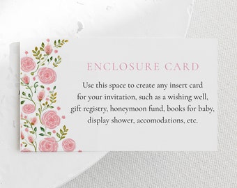 Tea Party Custom Enclosure Card, Pink Roses, Templett Printable Insert Card, Edit & Print Today, Instant Download 3.5 x 2 #AP53