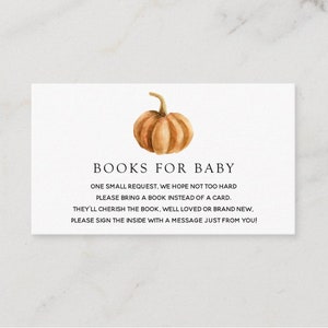 Plantilla de tarjeta de inserción de libros de calabaza para bebé, solicitud de libro de otoño, tarjeta adjunta de invitación para baby shower, descarga instantánea