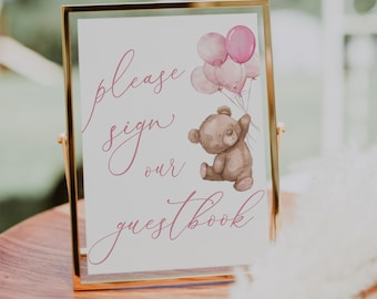 Pink Teddy Bear Baby Shower Sign | Guestbook Sign for Girl Baby Shower | Printable Instant Download | We Can Bearly Wait