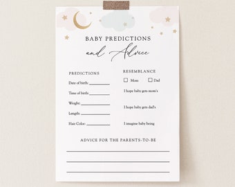 Over the Moon Baby Advice and Predictions Card, Baby Shower Games, Pink and Blue Clouds, Printable Template, INSTANT DOWNLOAD, #AP3bp