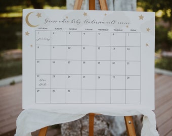 Baby Due Date Sign, Guess the Birthday Baby Shower Game, Gray Over the Moon, Baby Calendar Printable, Instant Download #AP3g_BBG