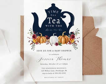 Autumn Pumpkin Tea Party Baby Shower invitation Template, INSTANT DOWNLOAD, 100% Editable Text, Templett, Printable #AP12a_BB