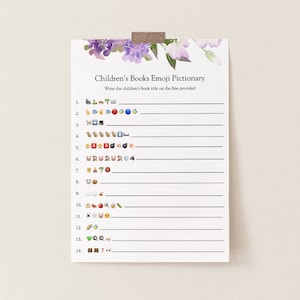 May include: A white paper with the title "Children's Books Emoji Pictionary" and lines for writing book titles based on emoji clues. The top has a floral design with purple and white flowers. The paper is held by a piece of tape.