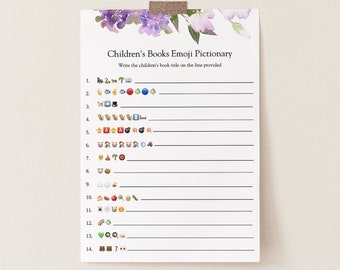 Children's Book Emoji Pictionary Game, Purple Flowers and Tea, Baby Shower Card and Sign, Printable Instant Download #AP12p