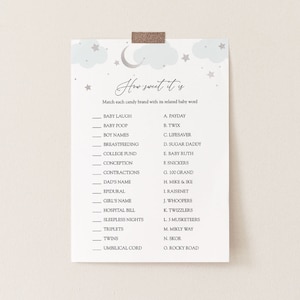 Over the Moon Baby Shower How Sweet it is Game, Blue Clouds and Silver Stars, Printable Template, Instant Download #AP3bs_BBG