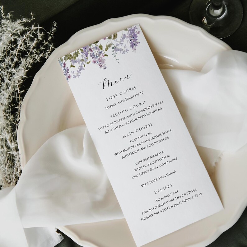Menu First Course Layout Purple Lilac Printable Menu, Lavender Floral Wedding Shower Menu Card ...