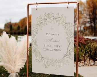 First Holy Communion Welcome Sign | Baby's Breath Floral Religious Sign | Elegant Gold Cross Digital Template | Instant Download