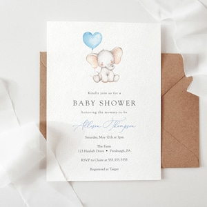 Invitación para baby shower de elefante, globo azul de elefante, plantilla imprimible, descarga instantánea #AP13