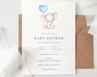 Elephant Baby Boy Shower Invitation, Elephant blue balloon, Printable Template, INSTANT DOWNLOAD #AP13