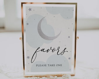 Over the Moon Favor Sign, Take a Treat, Silver Moon, Blue Clouds, Printable Instant Download #AP3bs_Sign