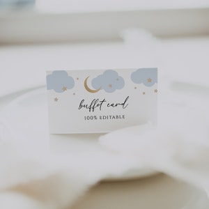 Afdrukbare sjabloon Buffetkaart, bewerkbare voedseltentkaart, blauwe wolken en gouden sterren, afdrukbare instant download #AP3b