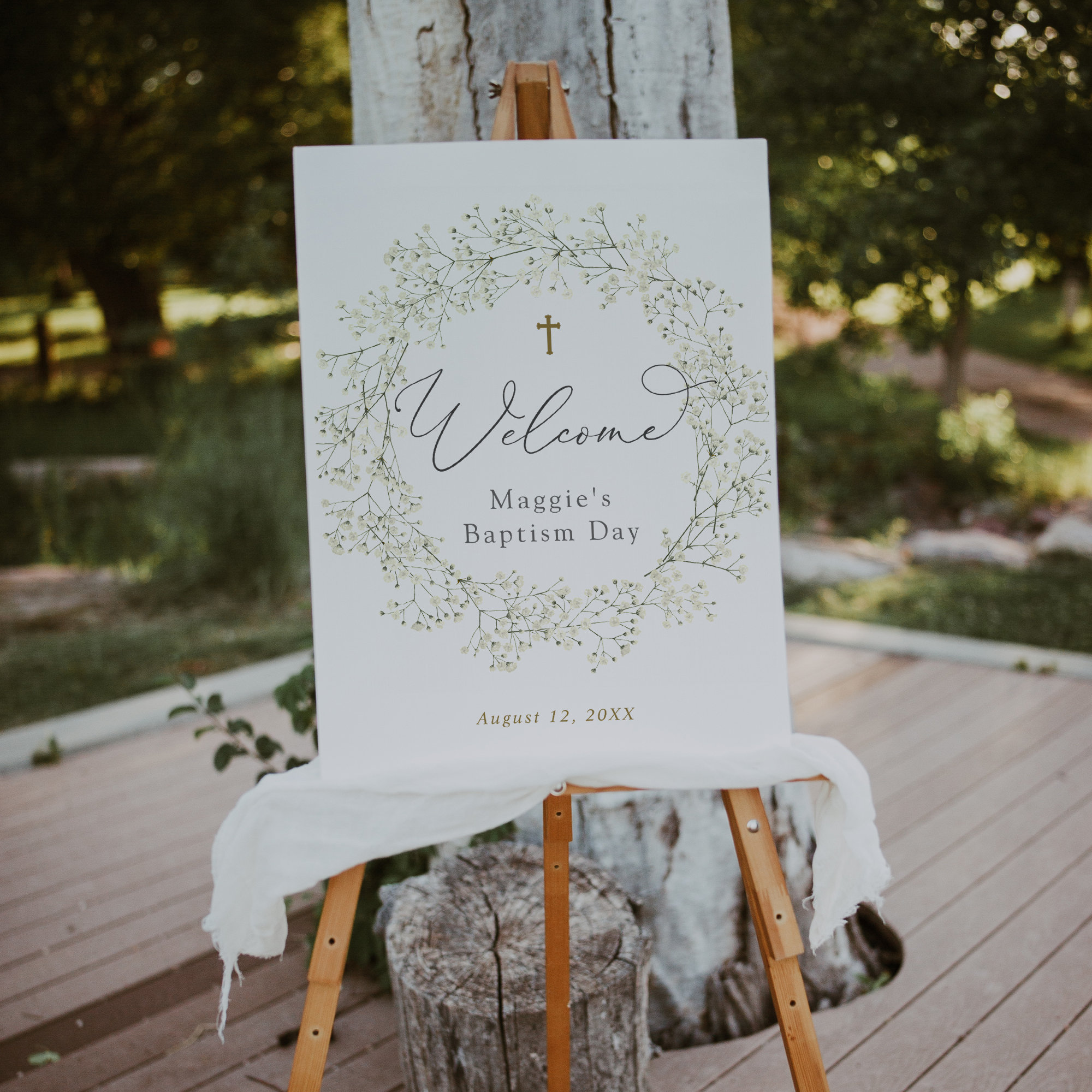 Baptism, Christening Welcome Sign, Baby's Breath Wreath Invite, Printable Template, INSTANT DOWNLOAD