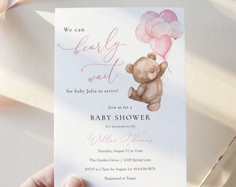 May include: A baby shower invitation with a watercolor illustration of a brown teddy bear holding pink heart-shaped balloons. The text reads "We can barely wait for baby Julia to arrive!" and includes details for the event, including the date, time, location, and RSVP information.