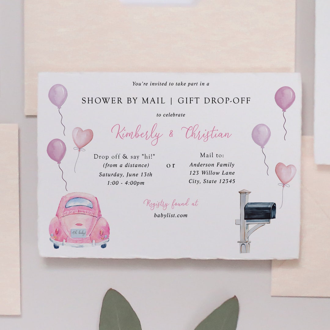 Baby Shower by Mail and Drive by Gift Drop off Invitation, Pink