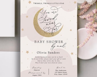 Baby Shower by Mail Invitation, Pink Twinkle Little Star Loved Near and Far, Baby Girl, Moon Printable Template, INSTANT DOWNLOAD #AP3p_BSM