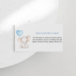 Plantilla de tarjeta adjunta, tarjeta de inserción para baby shower de niño con elefante azul, imprimible #AP13_EC