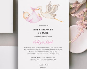 Girl Baby Shower by Mail Invitation, Long Distance Shower, Stork with pink baby, Printable Template, INSTANT DOWNLOAD AP4_BSM