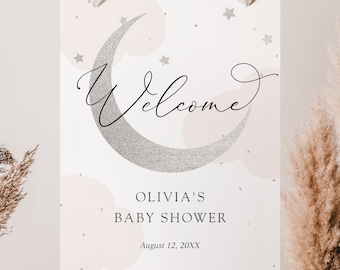 Moon and Stars Shower Welcome Sign, Baby Shower, Pink and Silver, Printable Template, Instant Download #AP3ps_WS