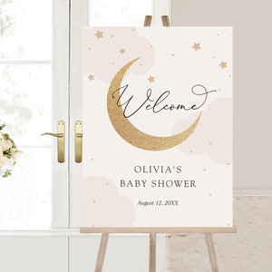 Moon and Stars Shower Welcome Sign, Baby Shower, Pink Clouds, Printable Template, Instant Download #AP3p_WS