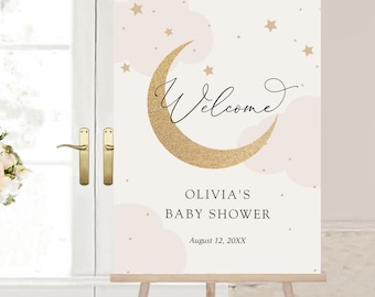 Moon and Stars Shower Welcome Sign, Baby Shower, Pink Clouds, Printable Template, Instant Download #AP3p_WS