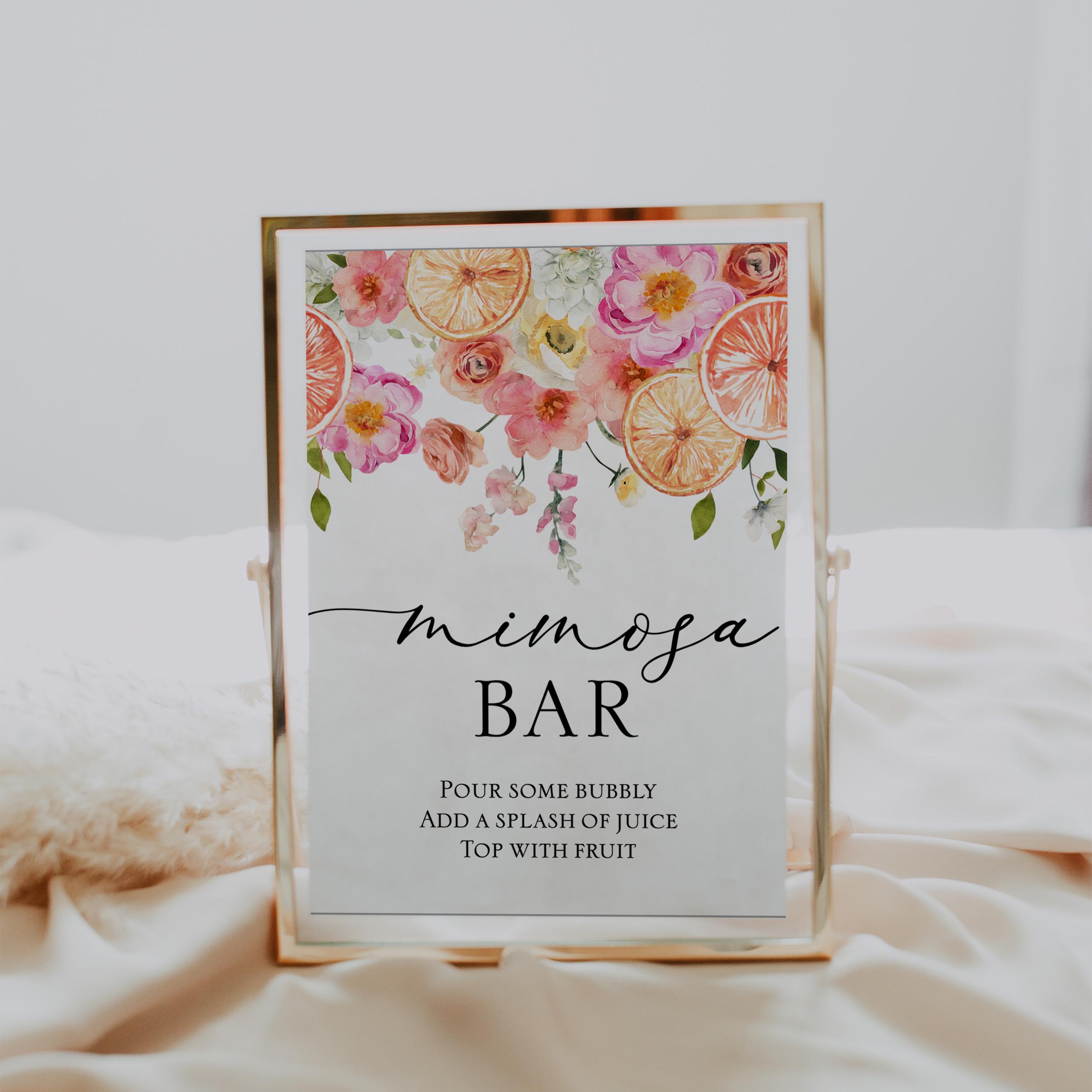Cartello stampabile per il bar Mimosa, modello per cartello per addio al nubilato rosa e rosso, download del cartello per il menu delle bevande, idee per decorazioni per addio al nubilato, Sweet
