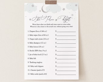 Over the Moon Baby Shower Price is Right Game, Blue Clouds and Silver Stars, Printable Template, Instant Download #AP3bs_BBG