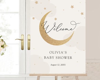 Moon and Stars Shower Welcome Sign, Baby Shower, Gray Clouds, Printable Template, Instant Download #AP3g_WS