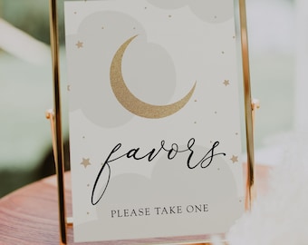 Over the Moon Favor Sign, Take a Treat, Gold Moon, Gray Clouds, Gender Neutral, Printable Instant Download #AP3g_Sign