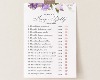 Guess who Mommy or Daddy Game, Purple Flowers and Tea, Baby Shower Card and Sign, Printable Instant Download #AP12p