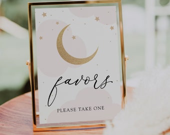 Over the Moon Favor Sign, Take a Treat, Gold Moon, Pink Clouds, Printable Instant Download #AP3p_Sign