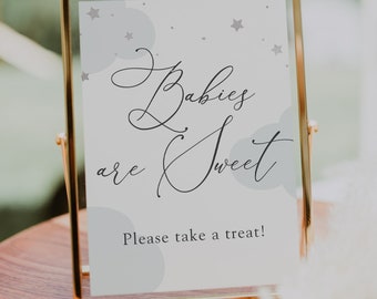 Over the Moon Baby Shower Printable Sign, Babies are Sweet Take a Treat, Blue Clouds and Silver Stars, Printable Instant Download #AP3bs_BBS