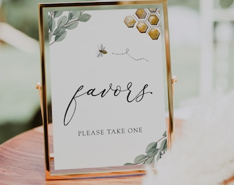 Golden Bee Favors Sign: Eucalyptus Baby Shower (Printable Instant Download)