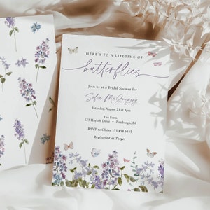 Invitación de despedida de soltera de mariposas y lila, plantilla de invitación de toda una vida de mariposas, tarjeta imprimible DIY, Templett