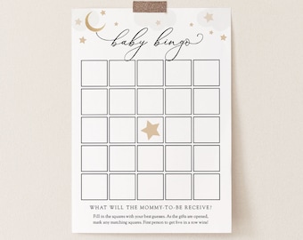 Over the Moon Baby Bingo Game Printable card, Gray Clouds Gold Moon and Stars, Template, Instant Download #AP3g_BBG