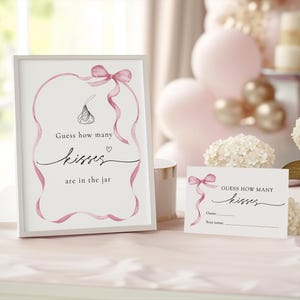 Bordje en kaart raden hoeveel kussen, roze strik babyshower, snoep raadspel, instant download, 100% bewerkbare sjabloon