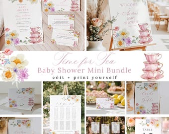 Wildflower Tea Party Baby Shower Bundle | Baby Is Brewing Invitation, Signs & Table Numbers | Printable Templates