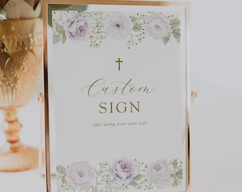 Custom Baptism Sign Baby Girl Purple Roses Wreath Instant Download, Christening Decor, First Communion Sign Template