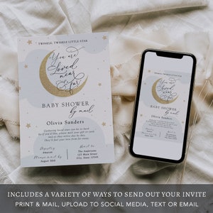 Baby Shower by Mail Invitation, Blue Twinkle Little Star Loved Near and Far, Baby Boy, Moon Printable Template, INSTANT DOWNLOAD AP3b_BSM image 3