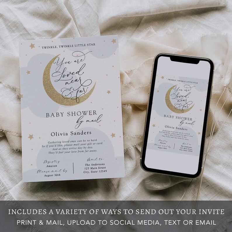 Baby Shower by Mail Invitation, Blue Twinkle Little Star Loved Near and Far, Baby Boy, Moon Printable Template, INSTANT DOWNLOAD AP3b_BSM image 3