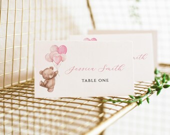 Pink Teddy Bear Baby Shower Name Place Card, Editable Printable Template for Girl Baby Shower, Seating Escort Card, Instant Download
