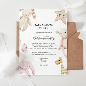 Invitación rosa para baby shower por correo: Tema de juguetes (Plantilla imprimible, descarga instantánea)