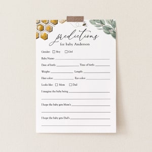 Carte imprimable prédictions de baby shower d'abeille, abeille dorée et eucalyptus, modèle, téléchargement immédiat #AP10_BBG