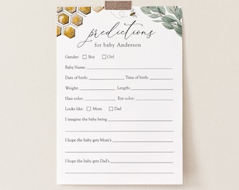 Bee Baby Shower Predictions Printable card, Golden Bee and Eucalyptus, Template, Instant Download #AP10_BBG