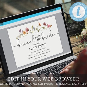 Puede incluir: Una pantalla de computadora port&aacute;til que muestra una invitaci&oacute;n digital para un brunch con la novia. La invitaci&oacute;n presenta un dise&ntilde;o floral de acuarela con el texto "brunch with the bride" y el nombre de la novia, Lily Wright. La invitaci&oacute;n tambi&eacute;n incluye la fecha, la hora y la ubicaci&oacute;n del evento, as&iacute; como la informaci&oacute;n de RSVP.