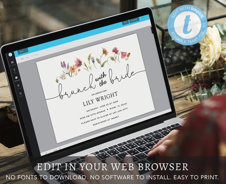Puede incluir: Una pantalla de computadora port&aacute;til que muestra una invitaci&oacute;n digital para un brunch con la novia. La invitaci&oacute;n presenta un dise&ntilde;o floral de acuarela con el texto "brunch with the bride" y el nombre de la novia, Lily Wright. La invitaci&oacute;n tambi&eacute;n incluye la fecha, la hora y la ubicaci&oacute;n del evento, as&iacute; como la informaci&oacute;n de RSVP.